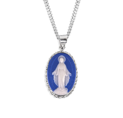 Dark Blue Sterling Silver Cameo Miraculous w/Rope Frame Necklace, HMH Religious