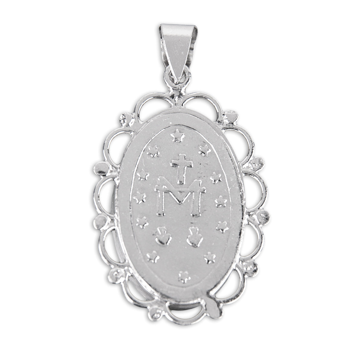 Back of Filigree Frame Miraculous Medal Blue Cameo Necklace