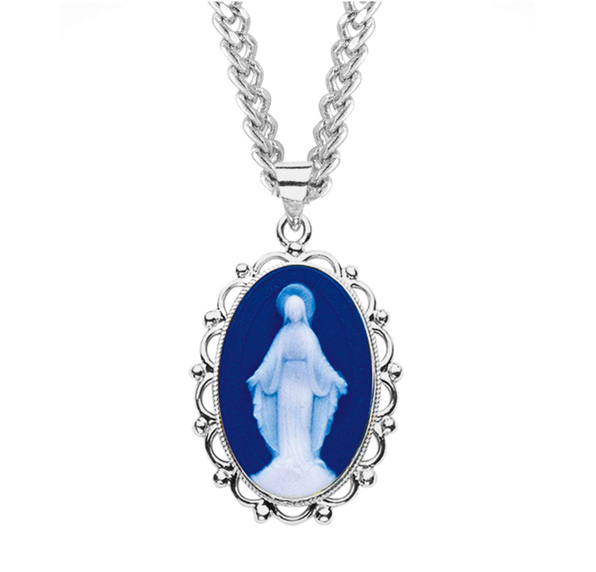 Filigree Frame Miraculous Medal Blue Cameo Necklace