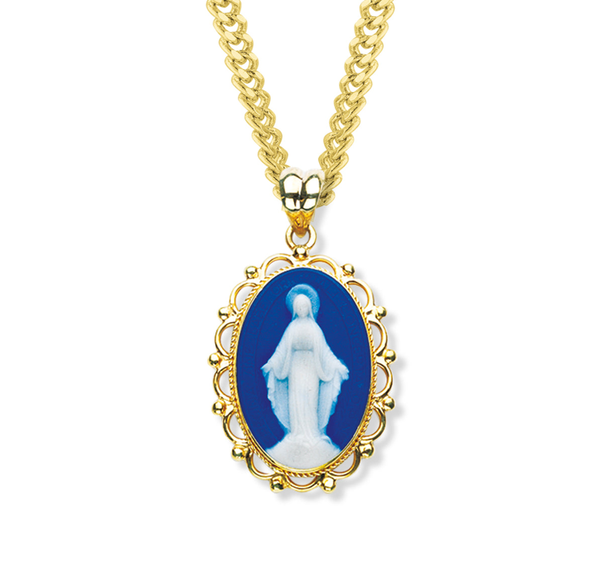 Dark Blue Gold Over Sterling Silver Cameo Miraculous Medal Necklace