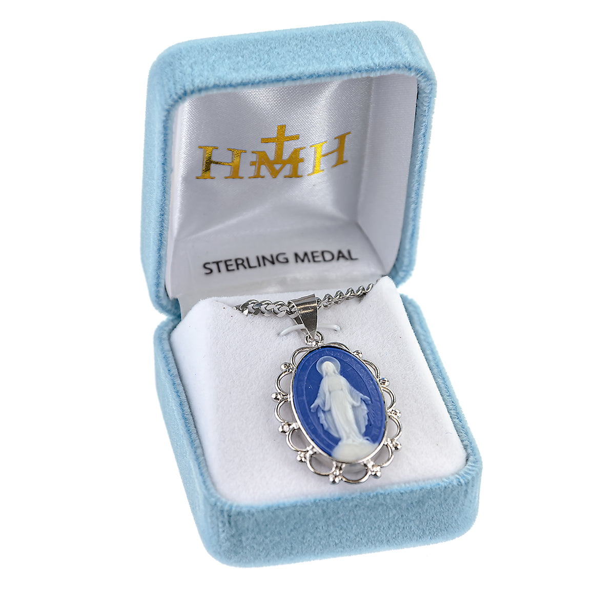 Filigree Frame Miraculous Medal Blue Cameo Necklace in Box