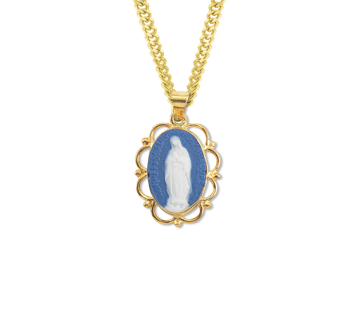 Our Lady of Guadalupe Gold/Sterling Blue Cameo Necklace