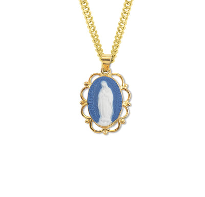 Our Lady of Guadalupe Gold/Sterling Blue Cameo Necklace, HMH Religious