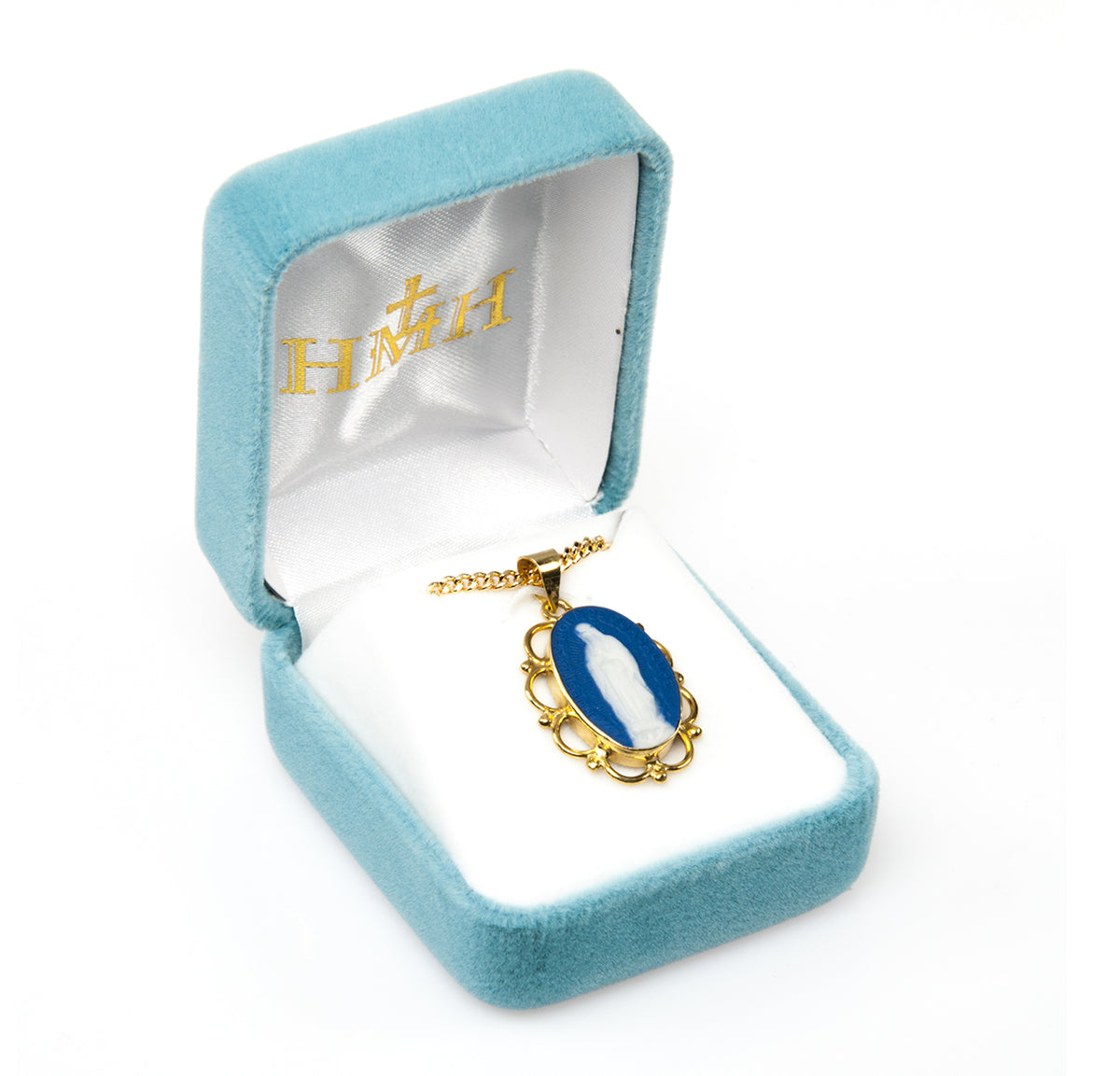 Our Lady of Guadalupe Gold/Sterling Blue Cameo Necklace in Box