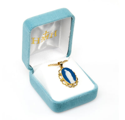Our Lady of Guadalupe Gold/Sterling Blue Cameo Necklace in Box, HMH Religious