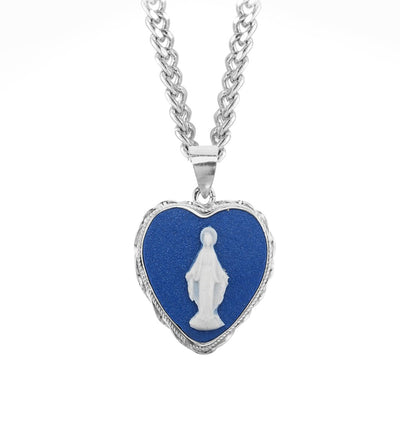 Blue Sterling Silver Cameo Heart Shaped Miraculous Necklace, HMH Religious
