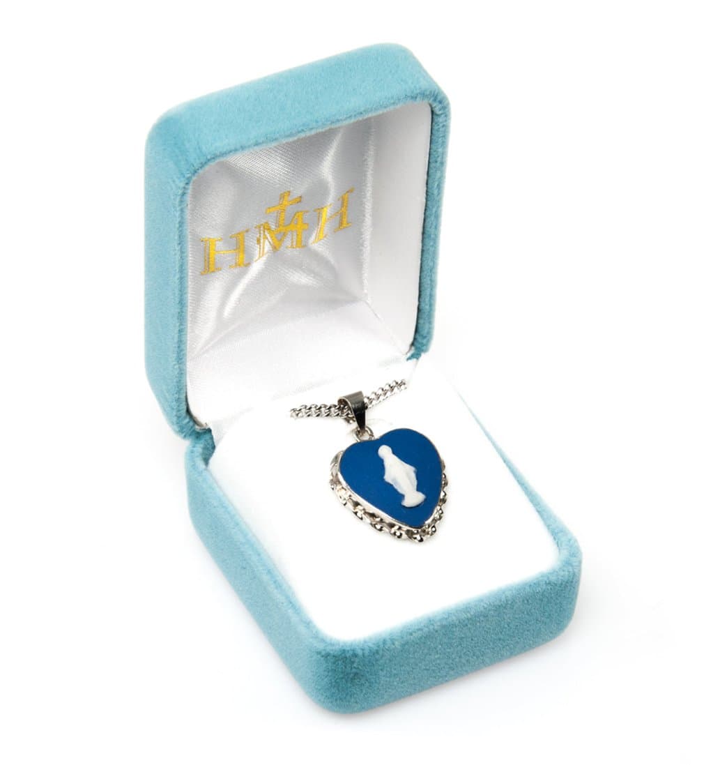 HMH Religious Blue Sterling Silver Cameo Heart Shaped Miraculous Necklace in Box,