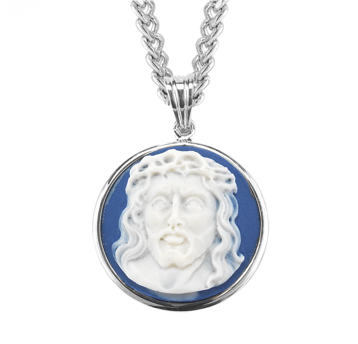 Light Blue Head of Christ Cameo Medal Necklace