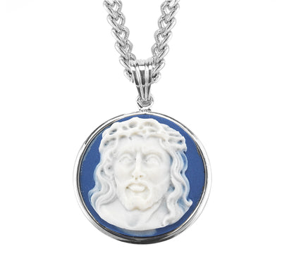 Light Blue Head of Christ Cameo Medal Necklace, HMH Religious