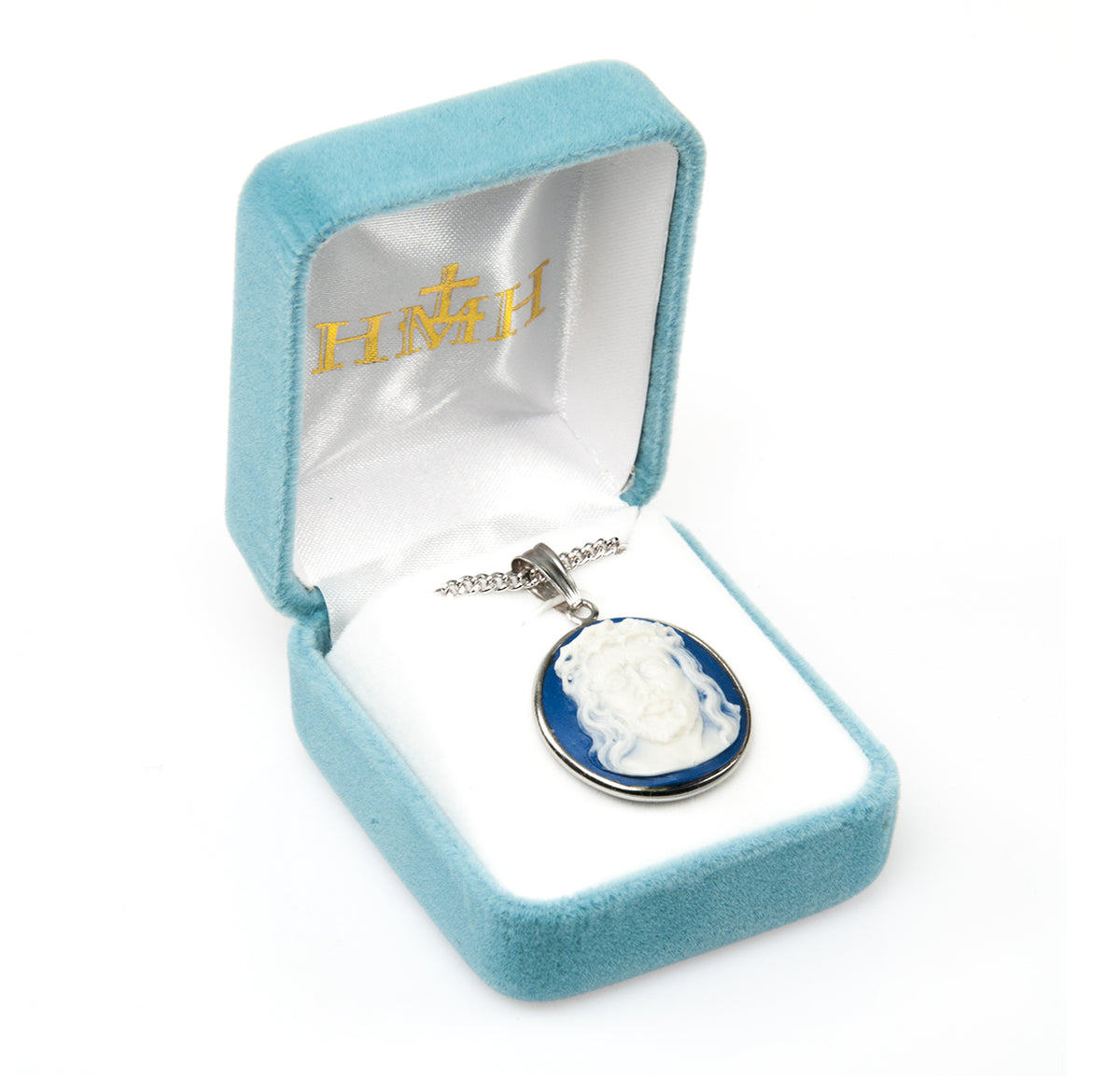 Light Blue Head of Christ Cameo Medal Necklace in Box