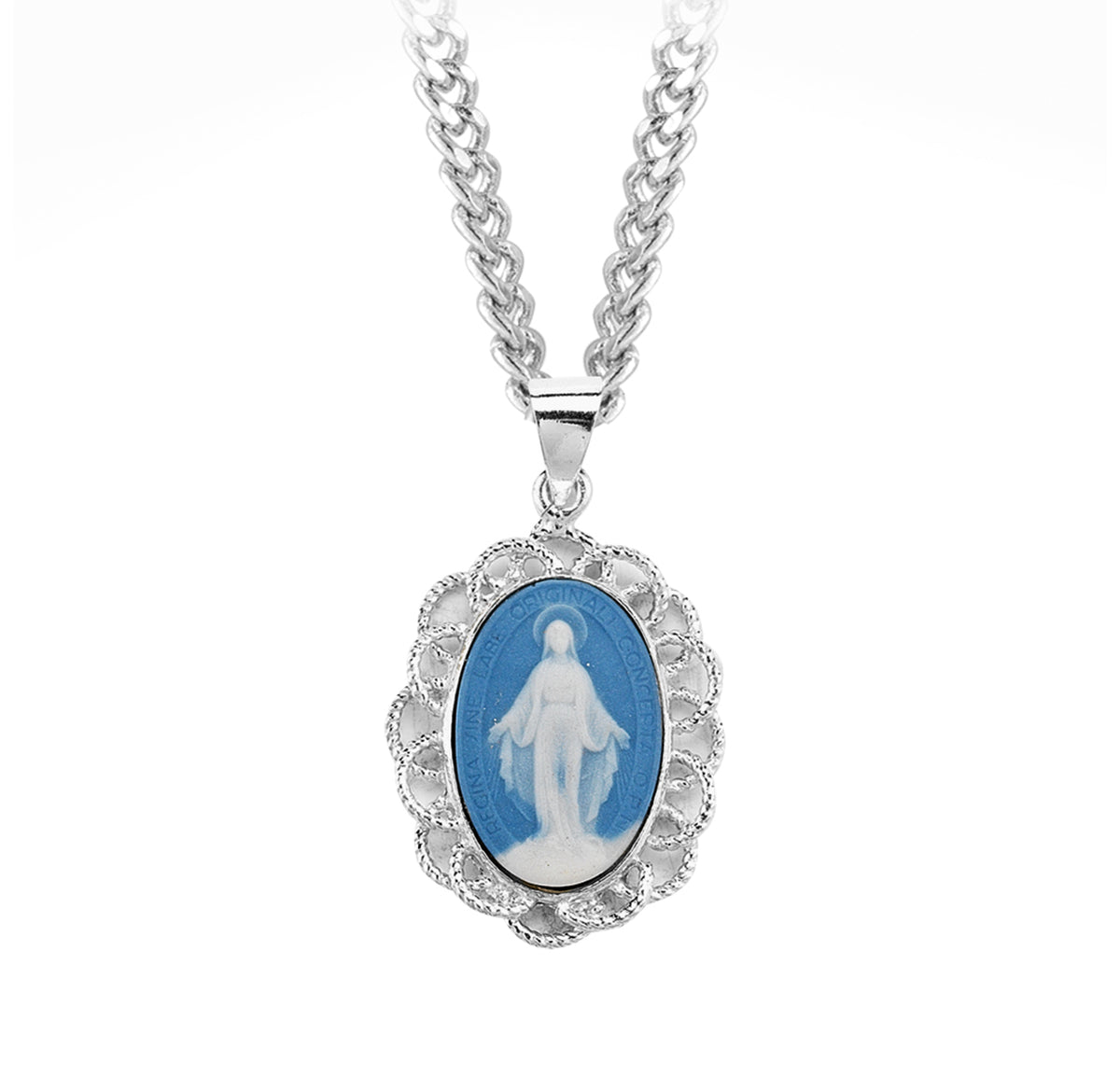 Light Blue Sterling Silver Cameo Miraculous Medal Necklace