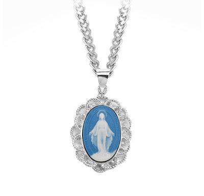 Light Blue Sterling Silver Cameo Miraculous Medal Necklace, HMH Religious