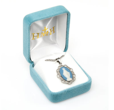 Light Blue Sterling Silver Cameo Miraculous Medal Necklace in Box, HMH Religious