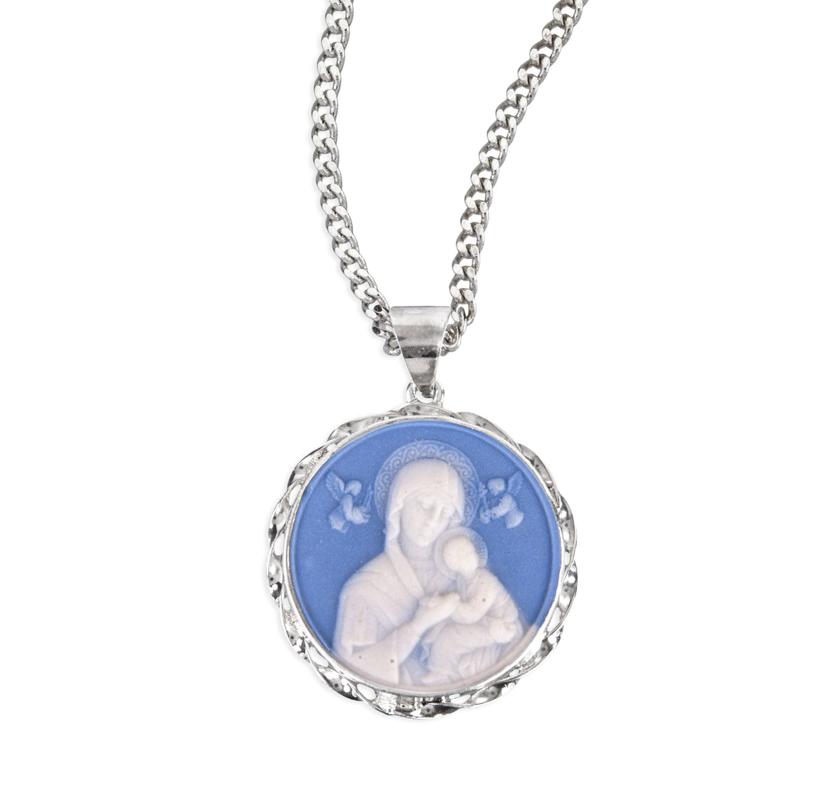 Light Blue Sterling Silver Our Lady of Perpetual Help Cameo Necklace