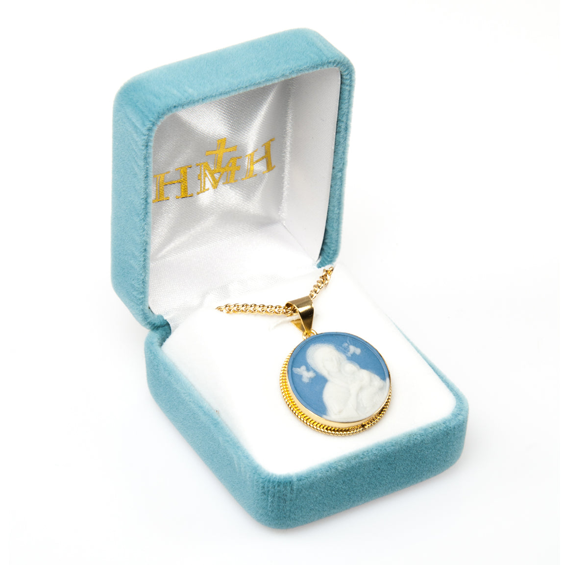 Our Lady of Perpetual Help Gold/Sterling Blue Cameo Necklace in Box