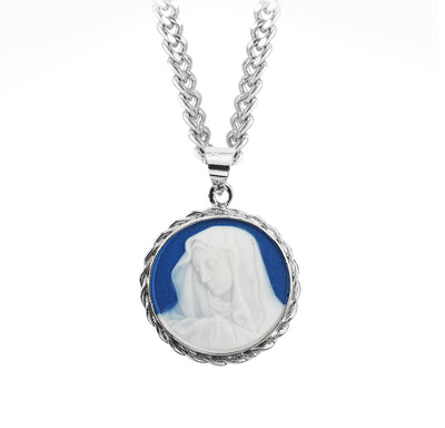 Dark Blue Sterling Silver Our Lady of Sorrows Cameo Necklace, HMH Religious