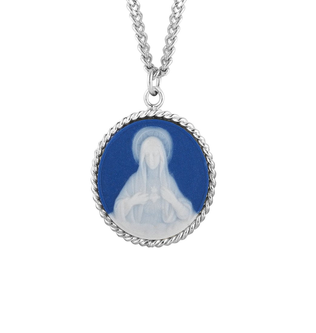 Blue Immaculate Heart of Mary Cameo Medal Necklace