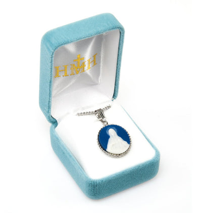 Blue Immaculate Heart of Mary Cameo Medal Necklace in Box, HMH Religious