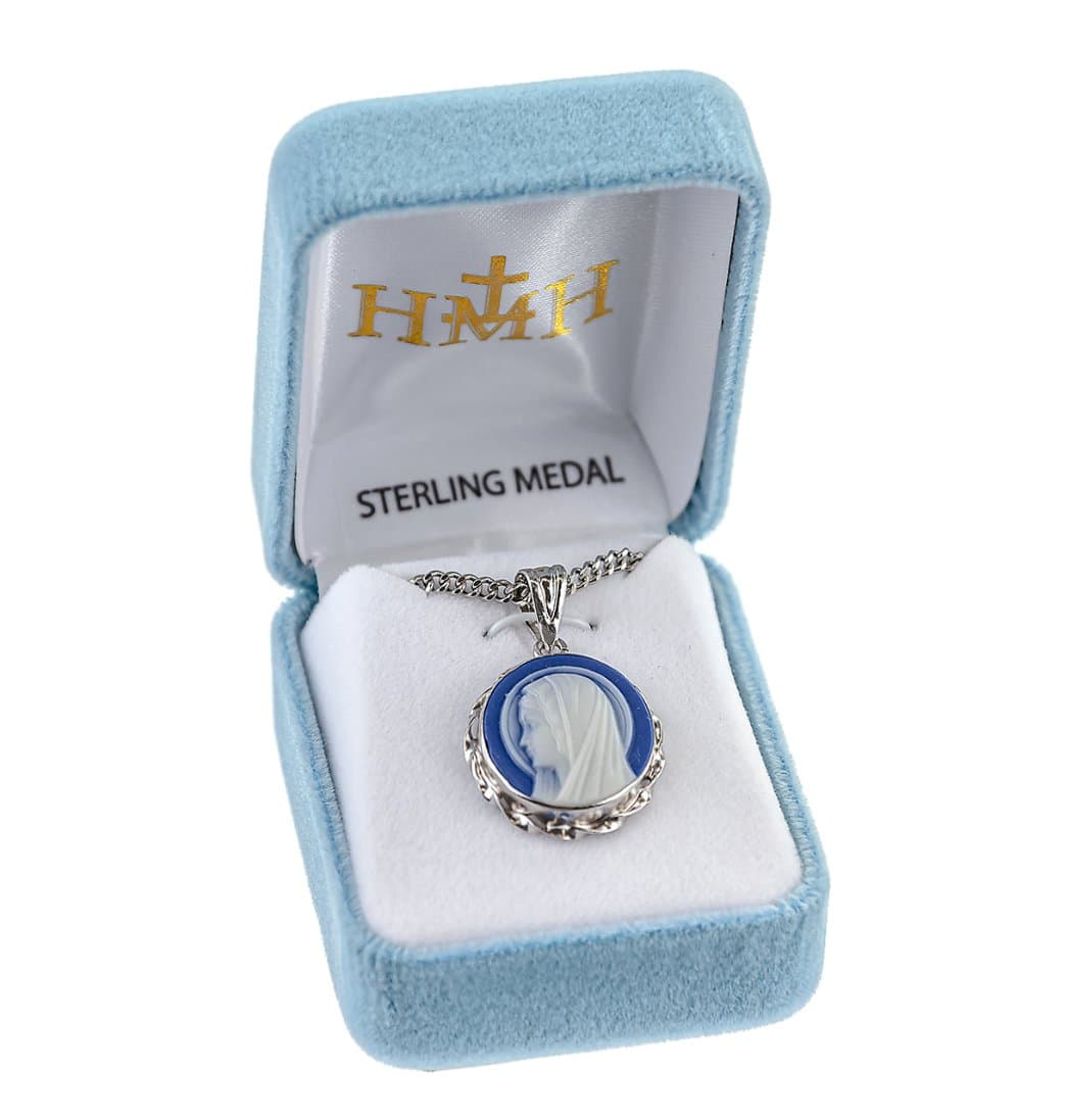 HMH Religious Blue Madonna Profile Cameo Necklace in Box,