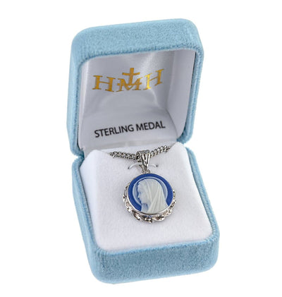 Blue Madonna Profile Cameo Necklace in Box, HMH Religious