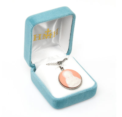 Pink Madonna and Child Jesus Cameo Necklace in Box, HMH Religious