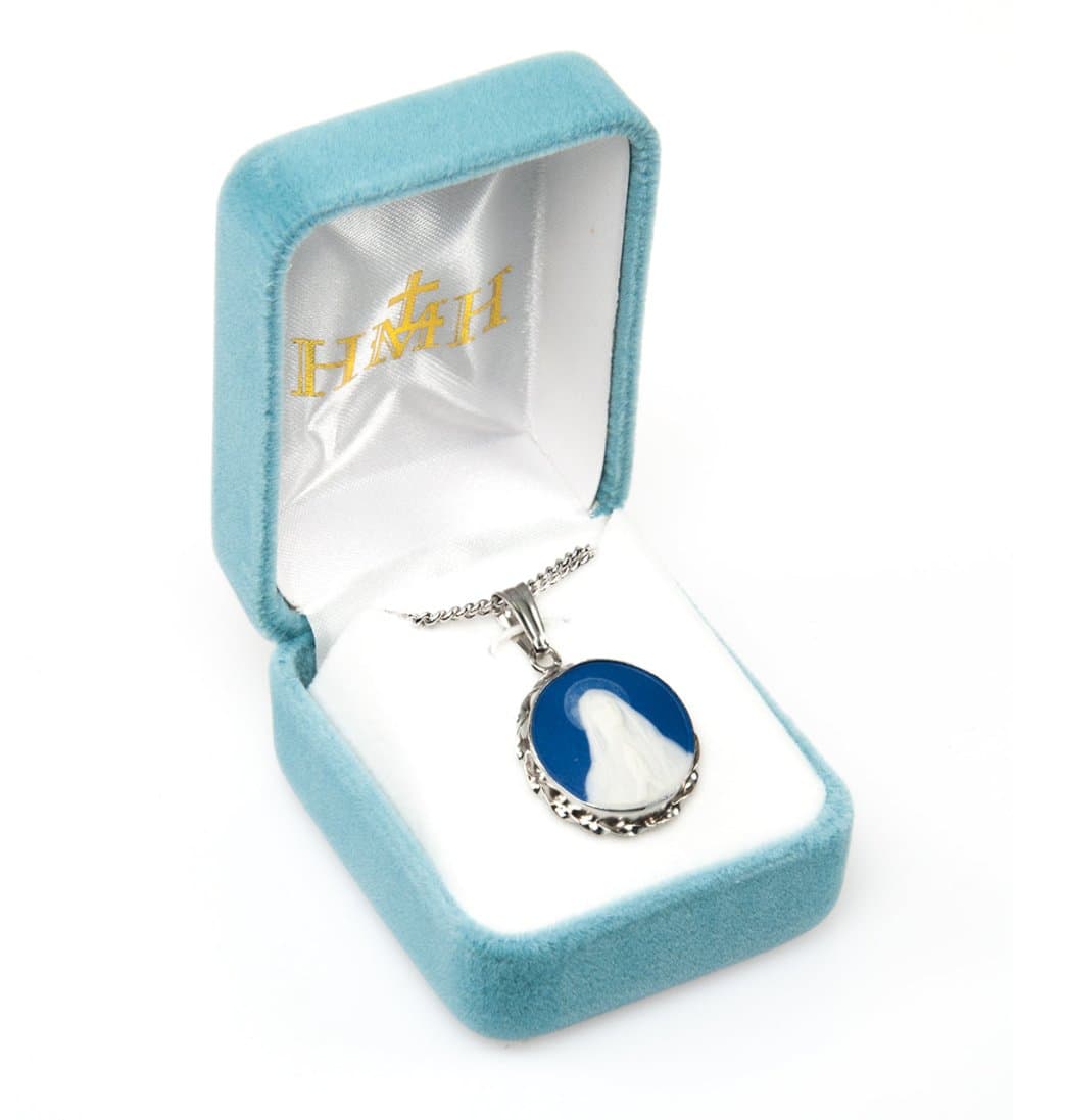 HMH Religious Blue Our Lady of Lourdes Cameo Necklace in Box,