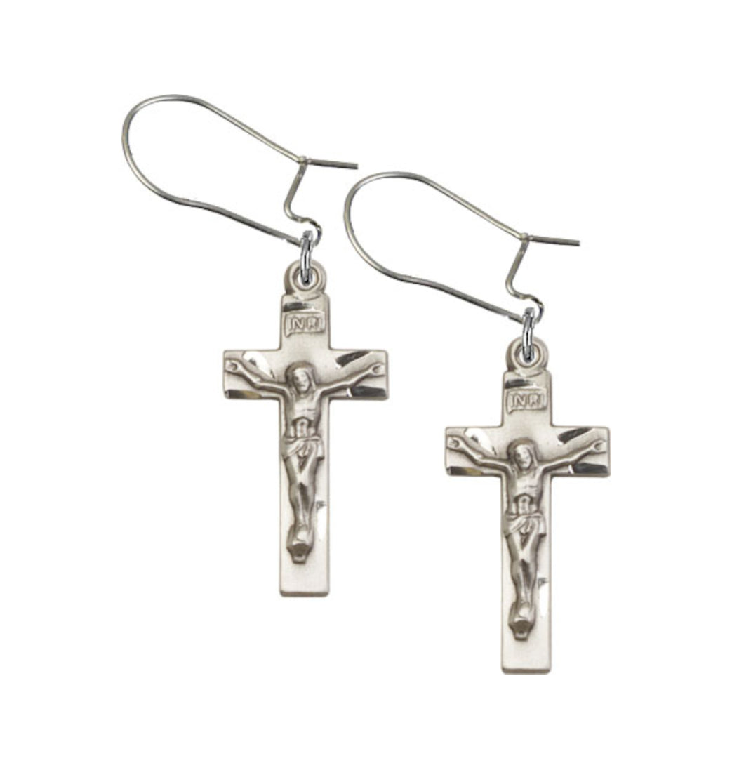 Bliss Manufacturing Sterling Silver Crucifix Medal Dangle Earrings,