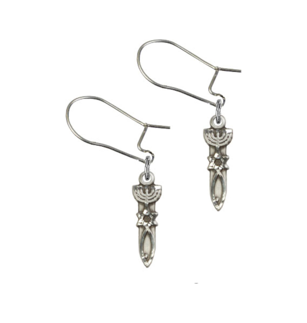 Bliss Manufacturing Sterling Silver Menorah with Star and Fish Dangle Earrings,