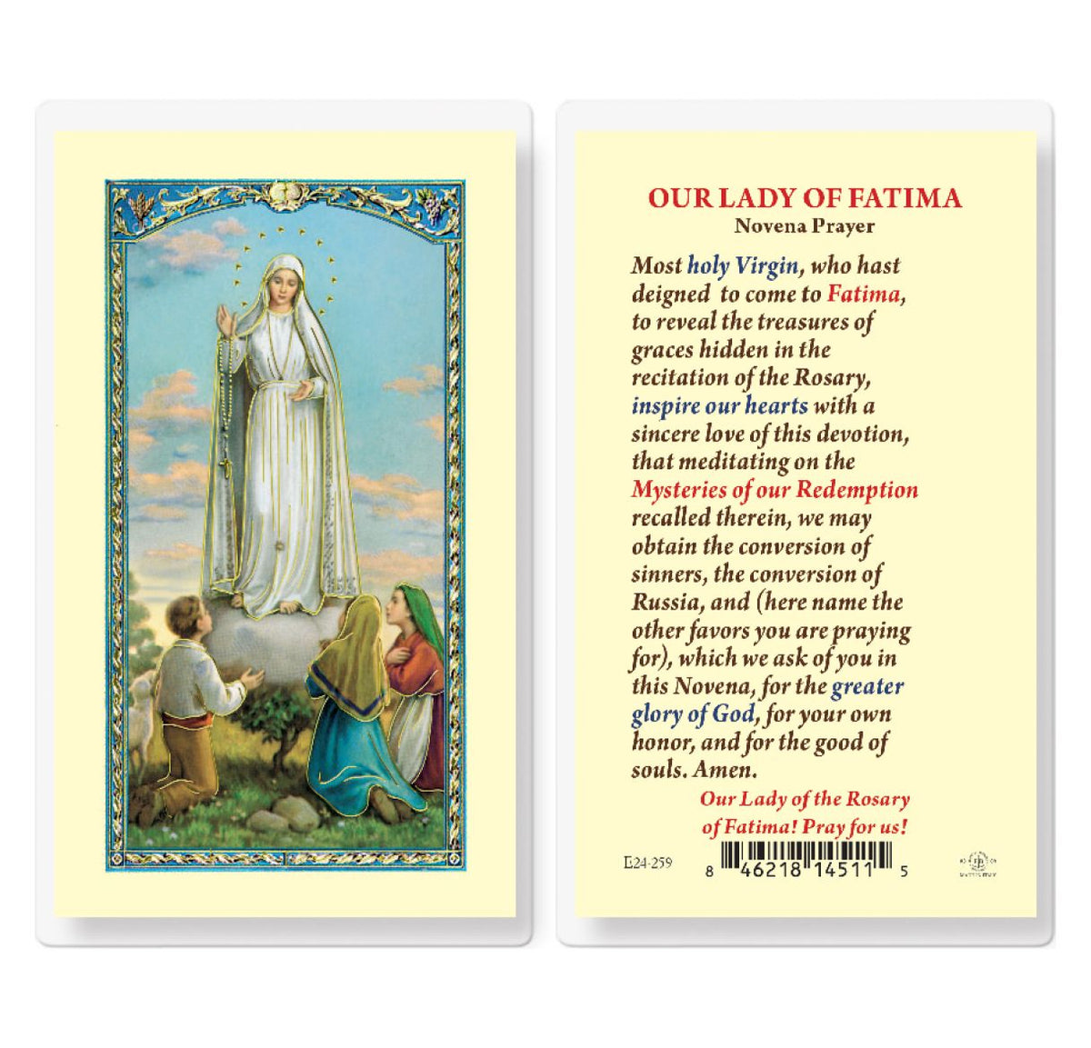 Our Lady of Fatima Novena Laminated Holy Cards 25pcs,