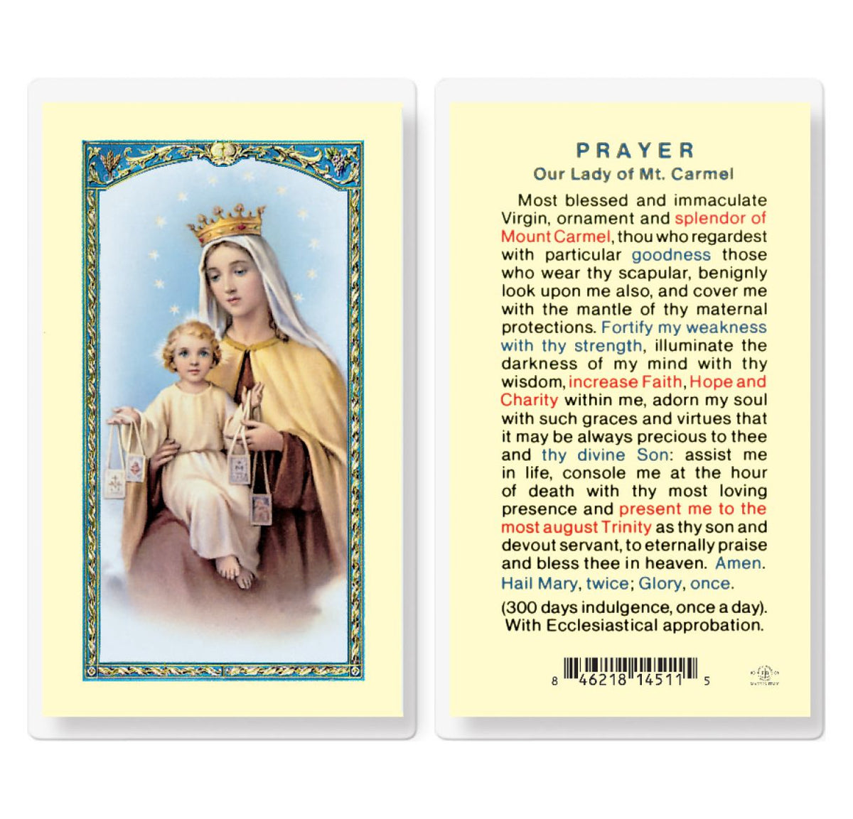 Our Lady of Mt Carmel Laminated Holy Cards 25pcs,