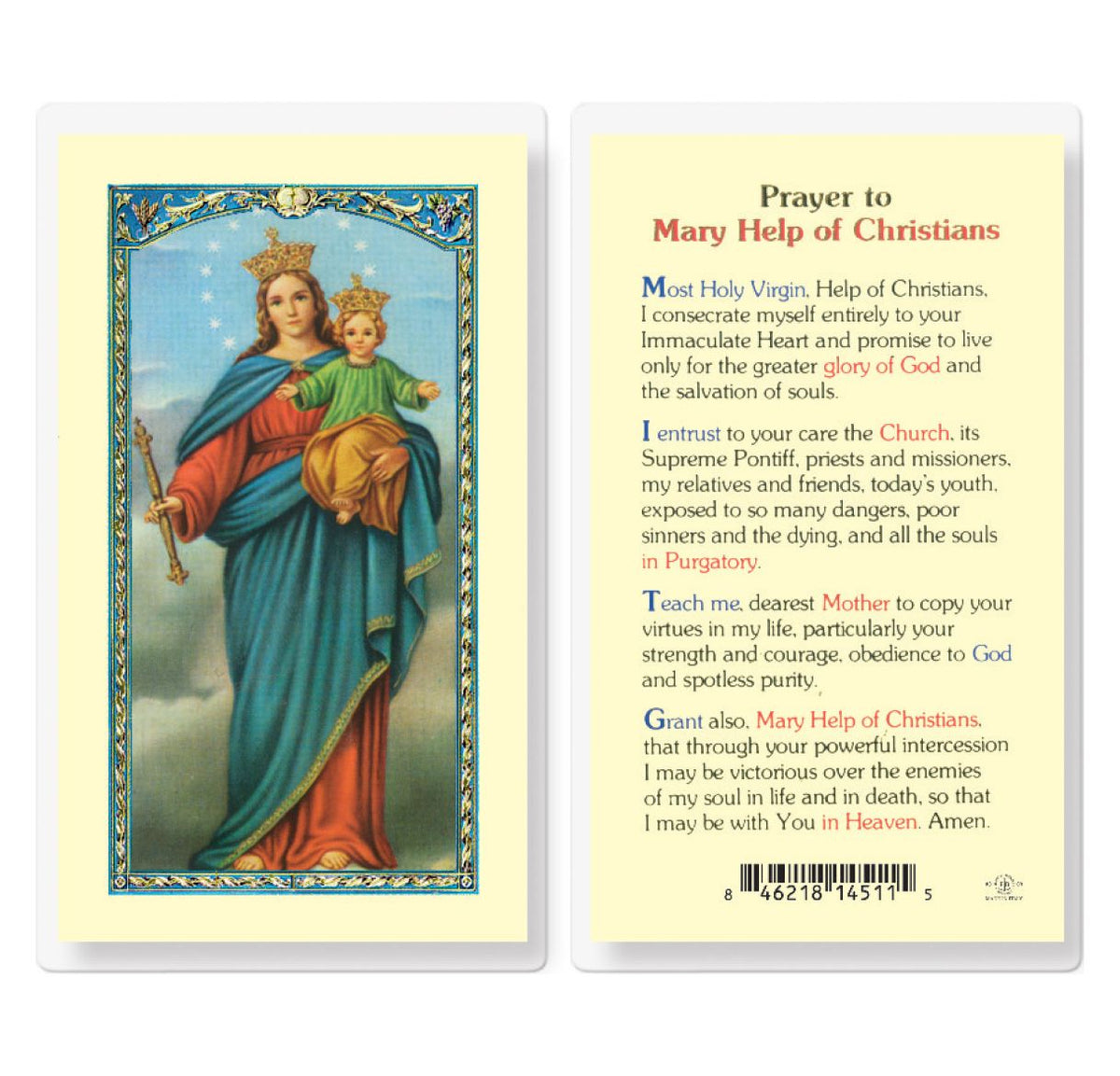 Prayer to Mary Help of Christians Laminated Holy Cards 25pcs