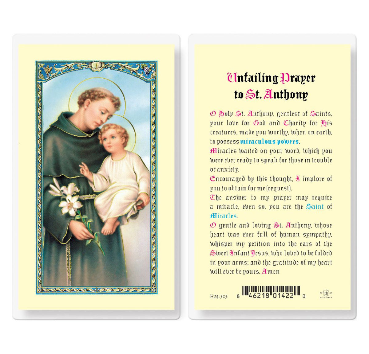 St Anthony of Padua Unfailing Prayer Laminated Holy Cards 25pcs,