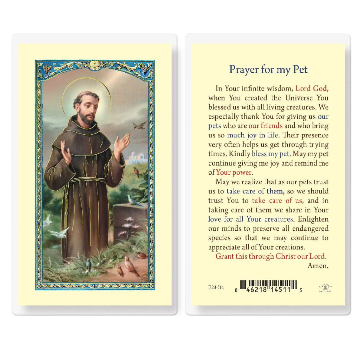 St Francis Prayer for My Pet Laminated Holy Cards 25pcs,