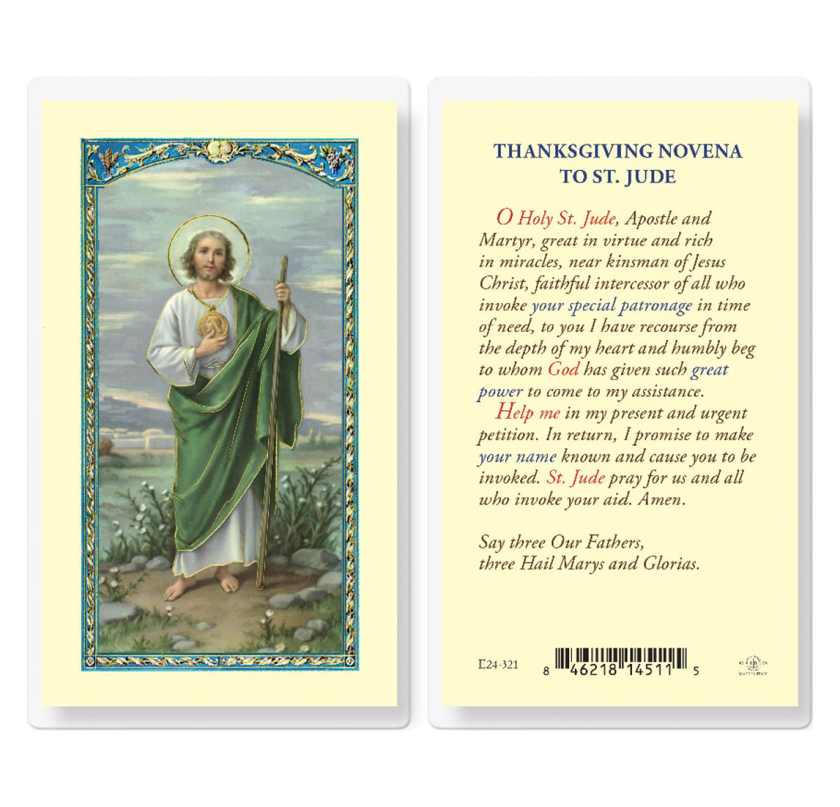 Thanksgiving Novena to St Jude Laminated Holy Cards 25pcs,