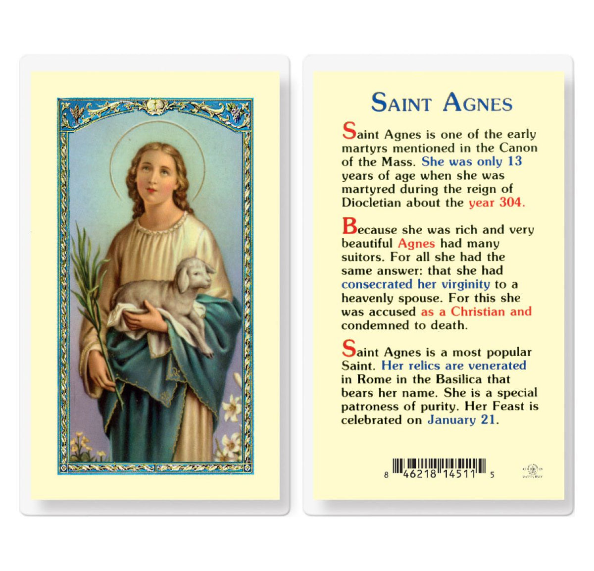 St Agnes of Rome Biography Laminated Holy Cards 25pcs,