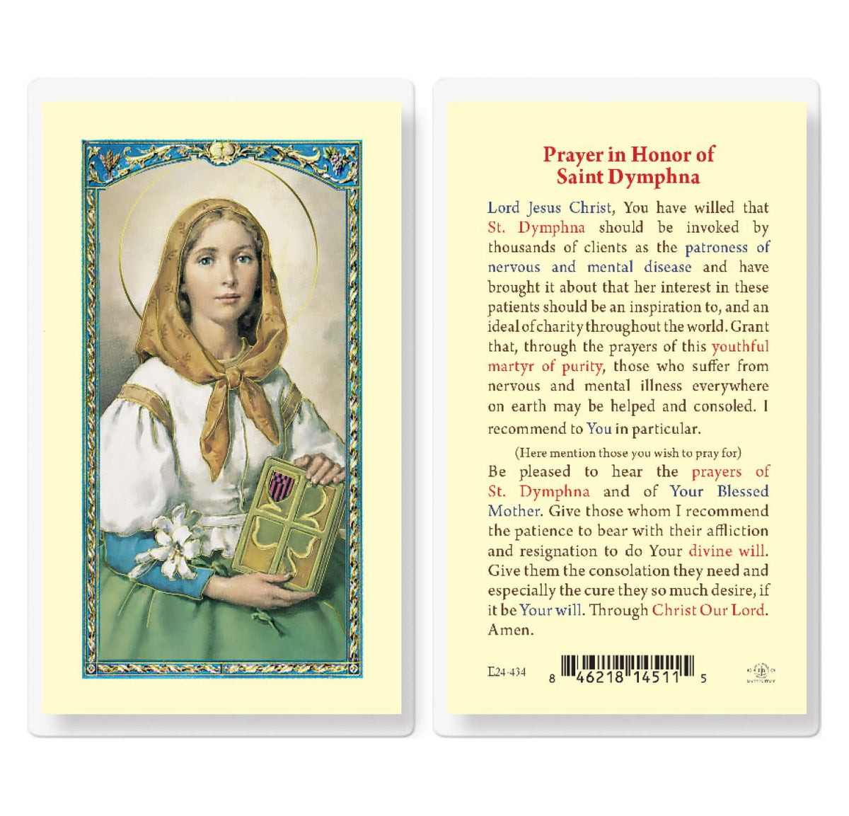 St Dymphna Prayer Laminated Holy Cards 25pcs,