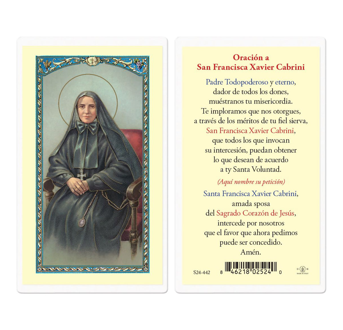 San Francisca Xavier Cabrini Prayer Laminated Holy Cards 25pcs,