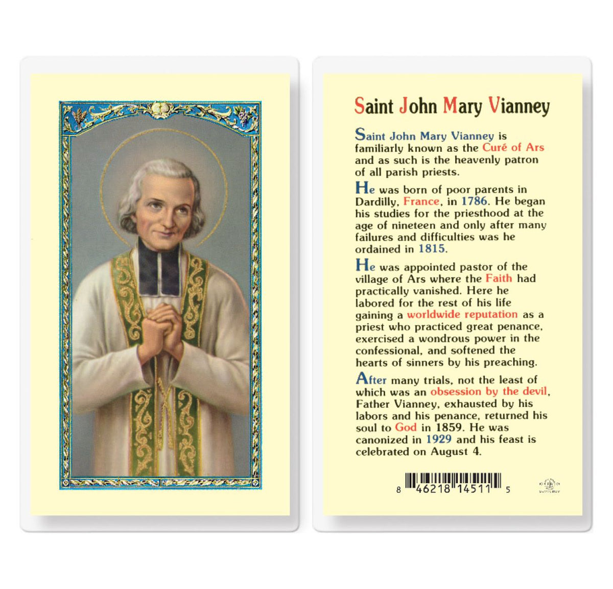 St John Mary Vianney Prayer Laminated Holy Cards 25pcs