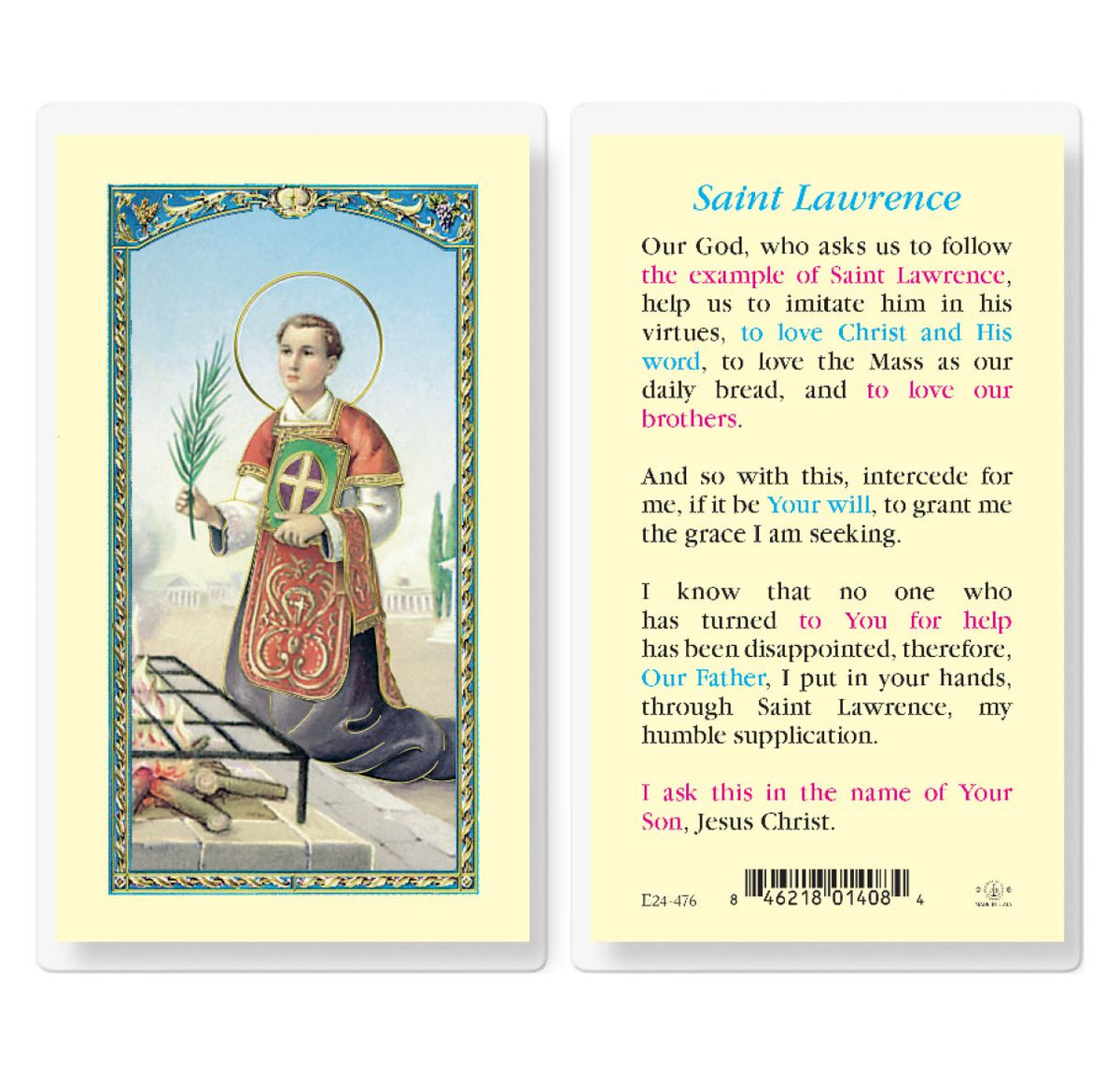 Fratelli Bonella St Lawrence Prayer Laminated Holy Cards 25pcs,