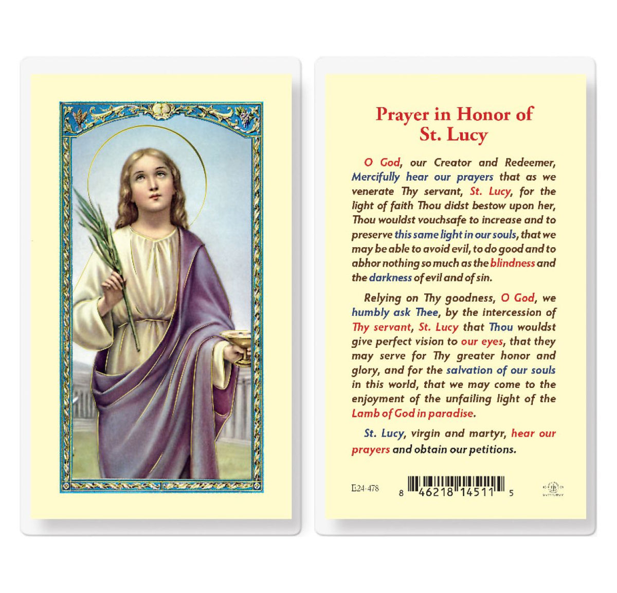 St Lucy Prayer Laminated Holy Cards 25pcs,