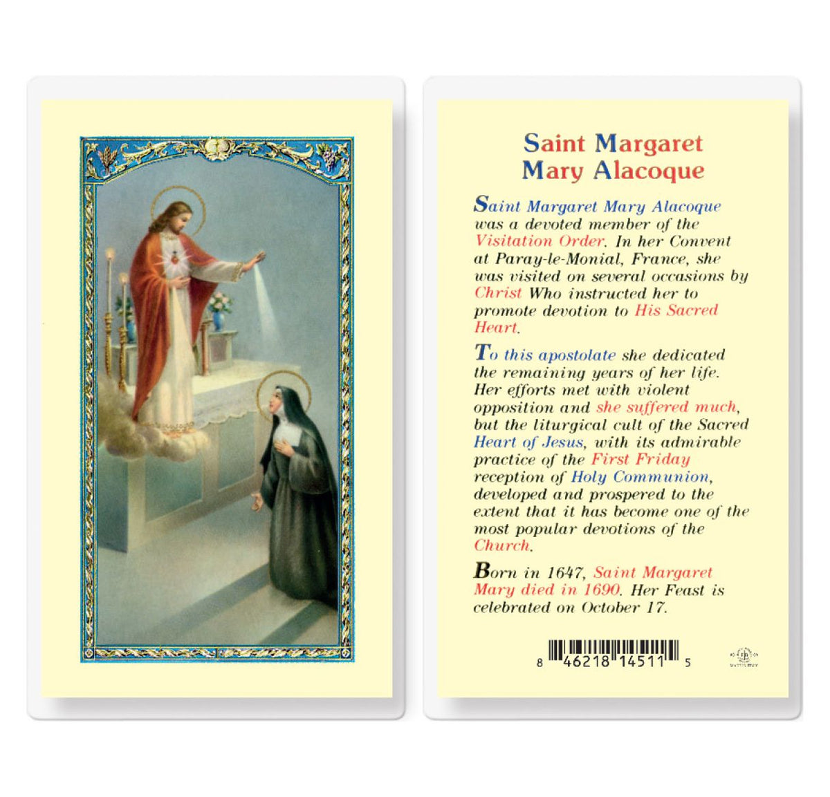 St Margaret Mary Alacoque Prayer Laminated Holy Cards 25pcs