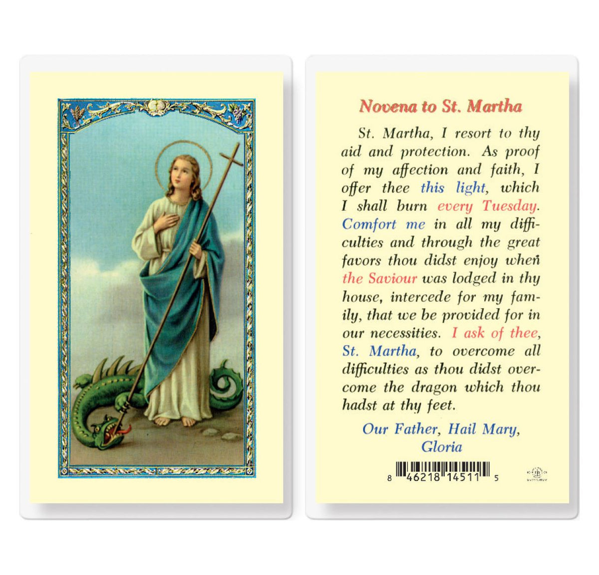 Novena to St Martha Prayer Laminated Holy Cards 25pcs,