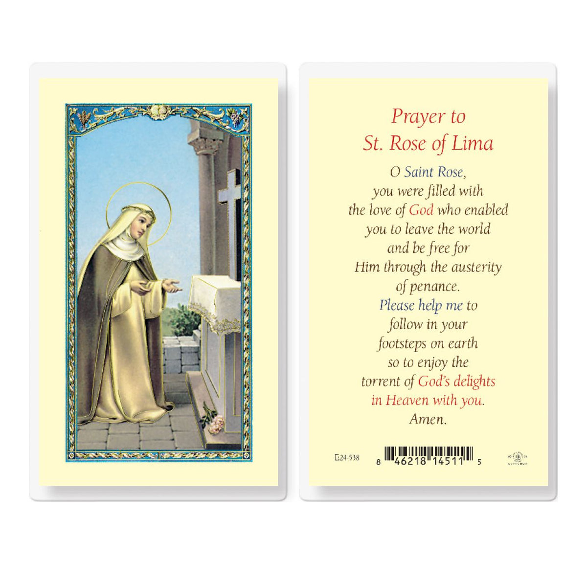 St Rose of Lima Prayer Laminated Holy Cards 25pcs,