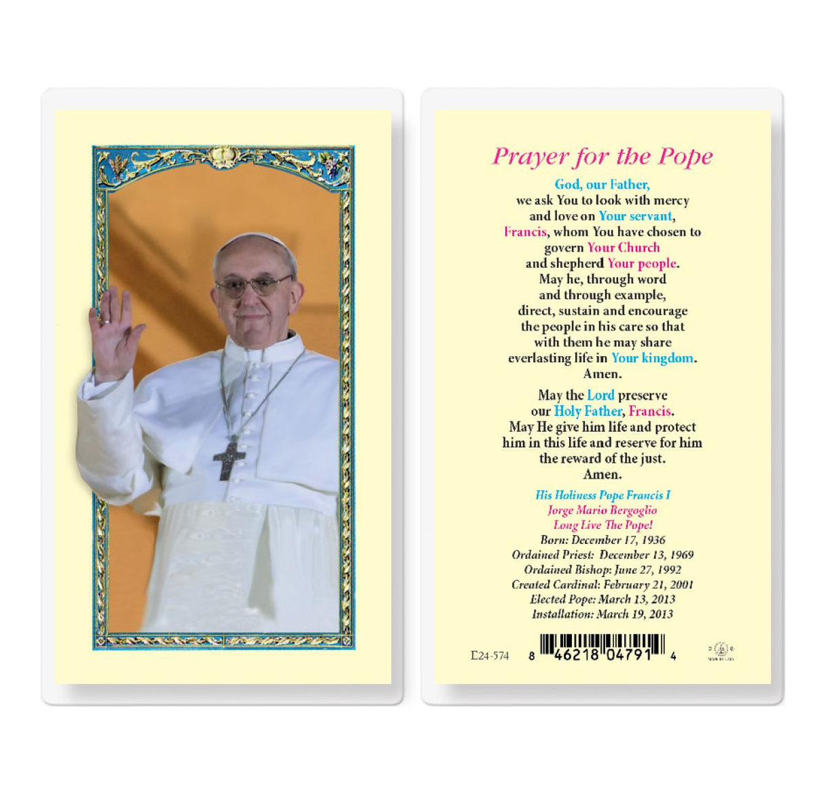 Pope Francis Prayer Laminated Holy Cards 25pcs,