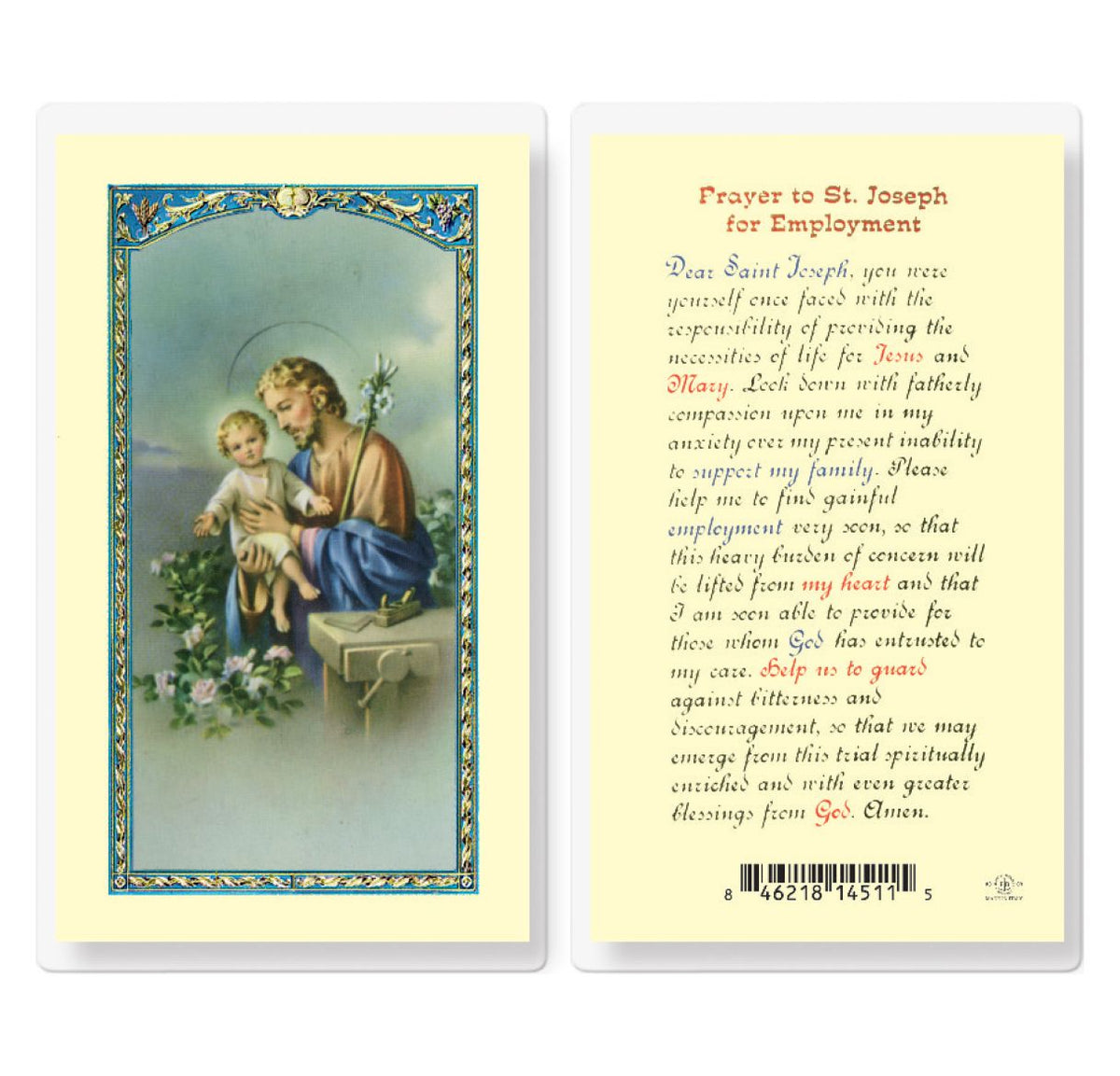 St Joseph the Worker Employment Laminated Holy Cards 25pcs