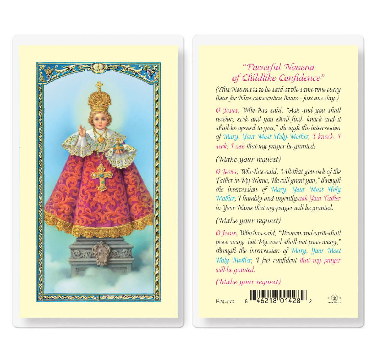 Novena to Infant of Prague Laminated Holy Cards 25pcs,