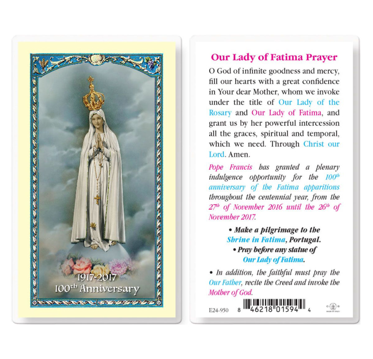 Our Lady of Fatima 100th Anniversary Prayer Laminated Holy Cards 25pcs,