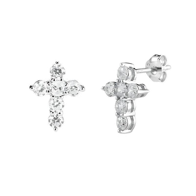 Cubic Zircons Crystal Cross Sterling Silver Earrings, Measures 0.6" x 0.4", HMH Religious