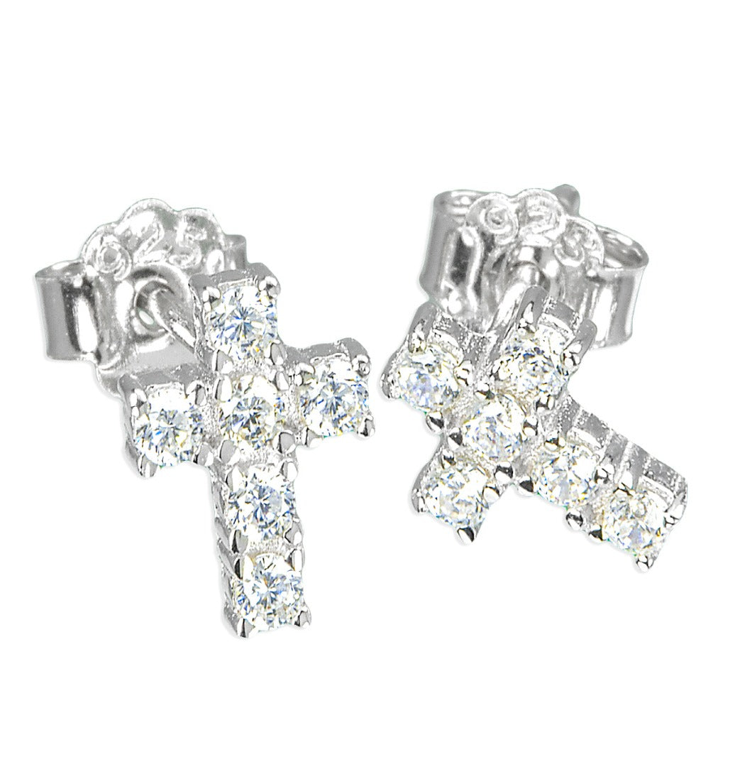 6 Stone Cubic Zircons Crystal Cross Sterling Silver Earrings