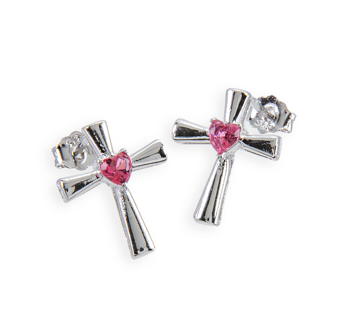 Pink Heart-Shaped CZ Sterling Silver Cross Earrings